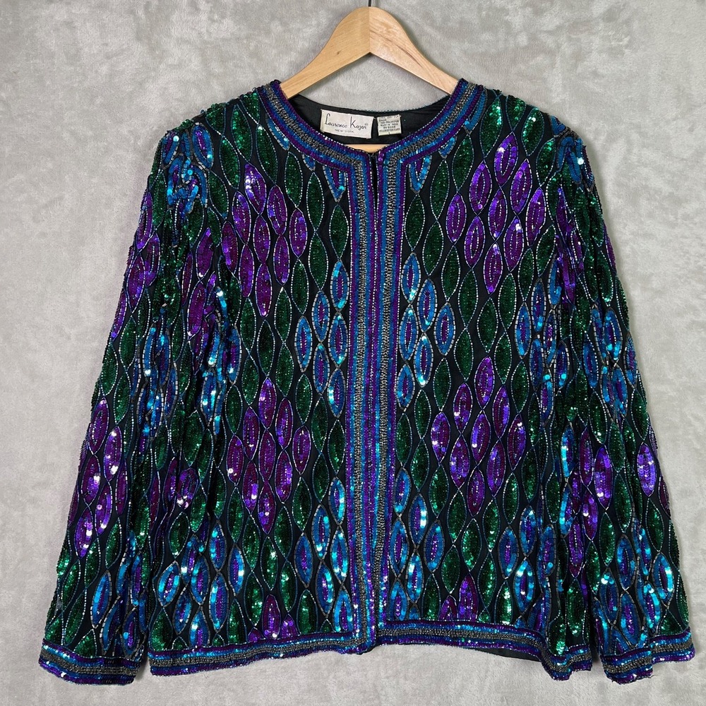 VTG 80s Laurence Kazar Sequin Beaded Blue Green Purple Cocktail Party Jacket Lrg